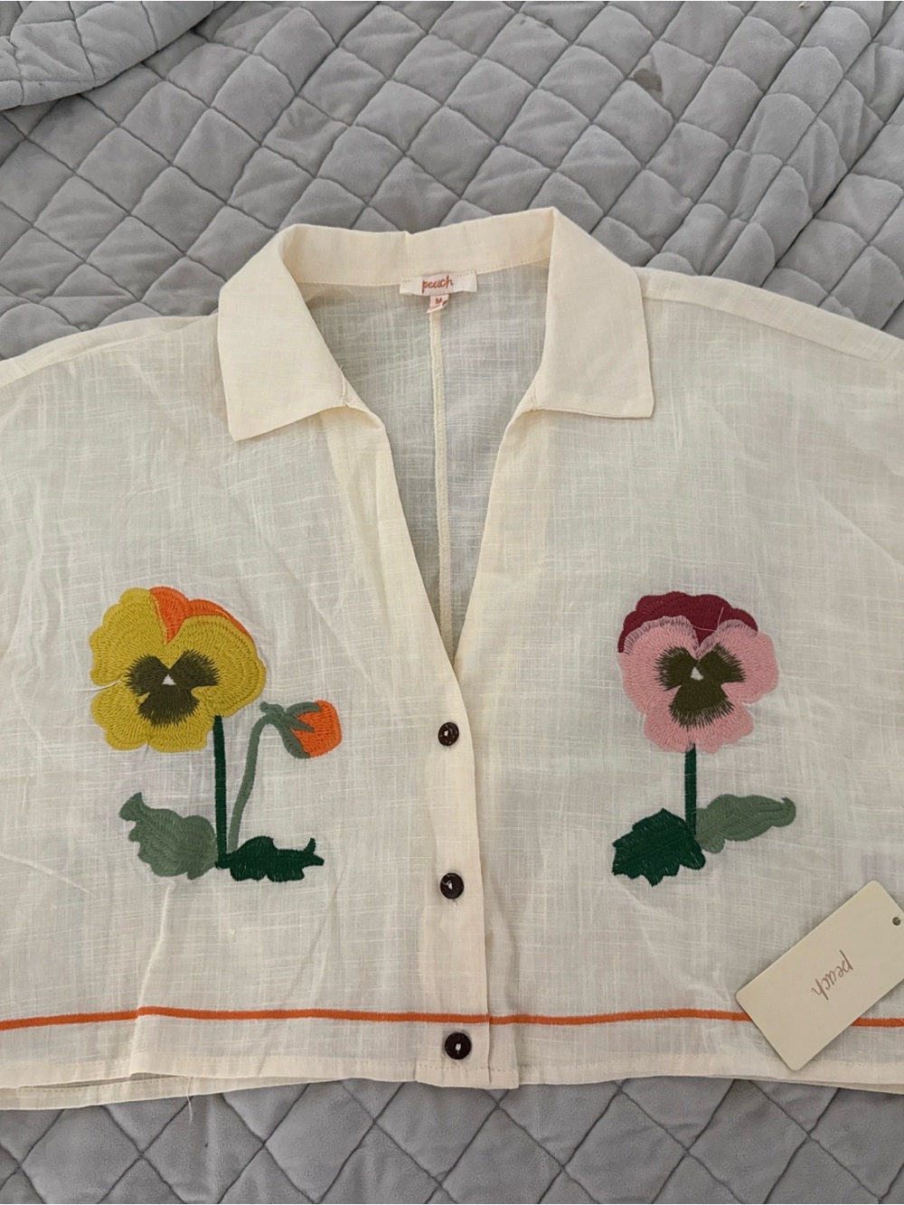 Peach Embroidered Pansy Floral Button Down Crop Top